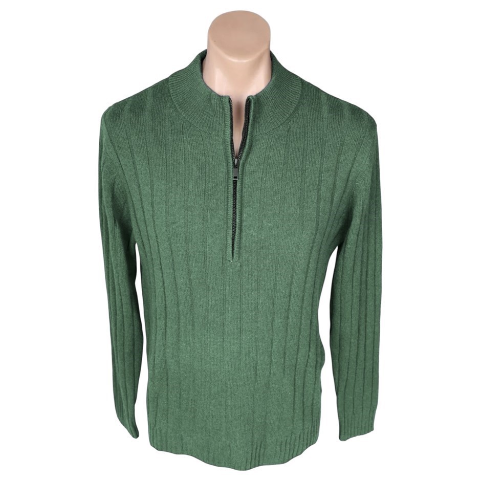 SPORTSCRAFT Men's Quarter Zip Rib Sweater, Size 2XL, 80% Wool, Petrol/Green