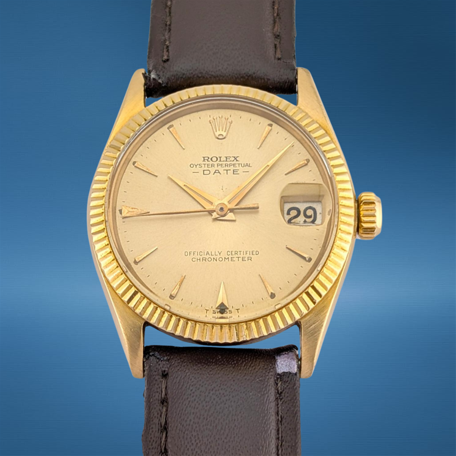 Rolex 6627 Oyster Perpetual Date 18k Champagne Dial 30mm 1960 BxO ...