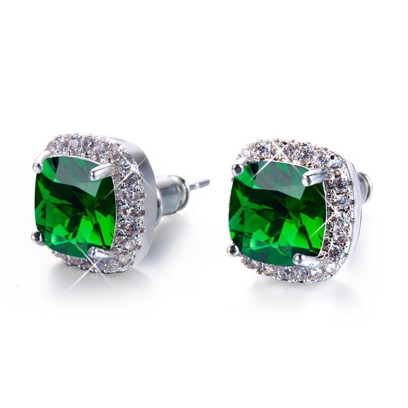 Stunning Square Simulated Diamond Bridal Stud Earrings - Green