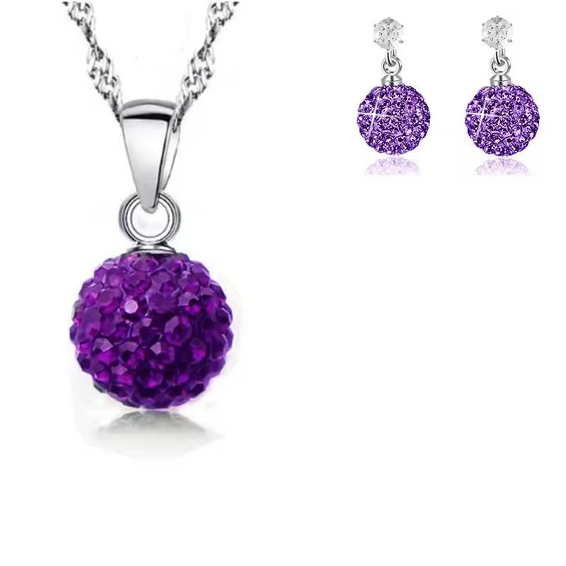 925 Sterling Silver Dark Purple Crystal Disco Ball Earring & Necklace Set