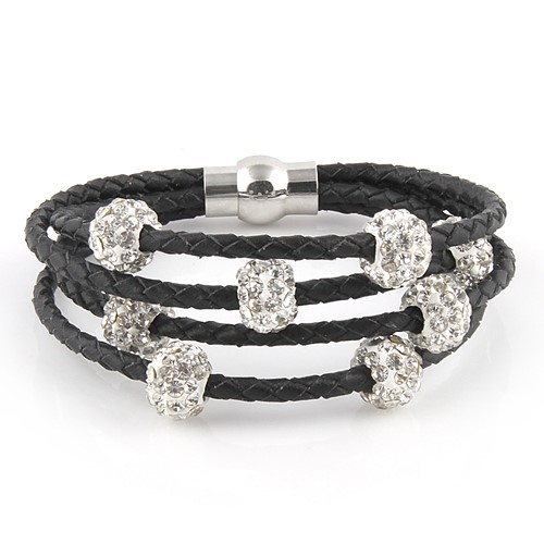 Leather Braided Black Bracelet with Crystal Balls & Catch - missing stone