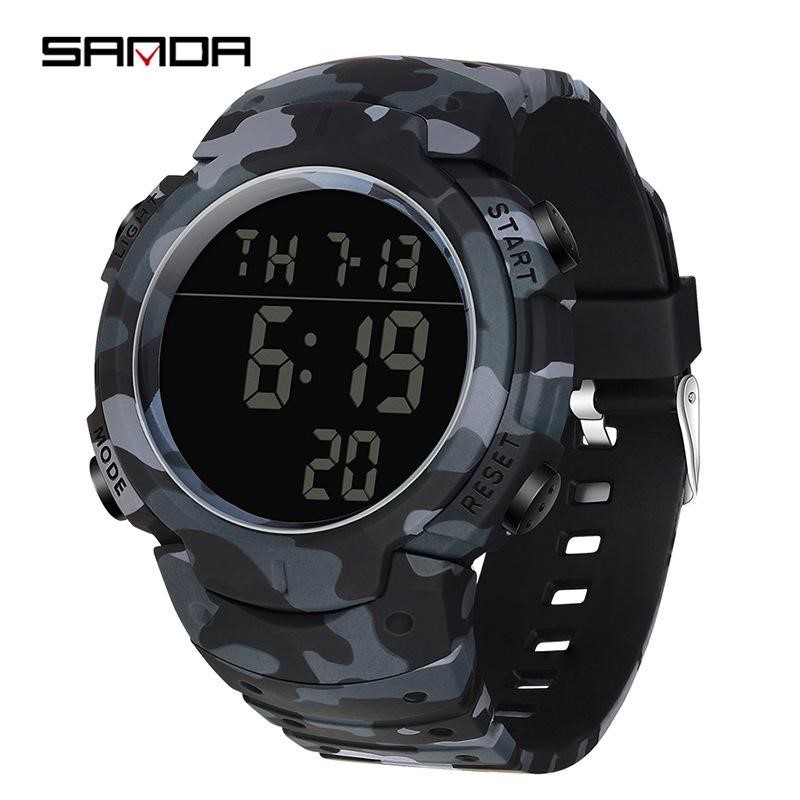 SANDA Digital Sports Watch, 50m Water Resistant, Black/Grey Camo, 2182. Bu