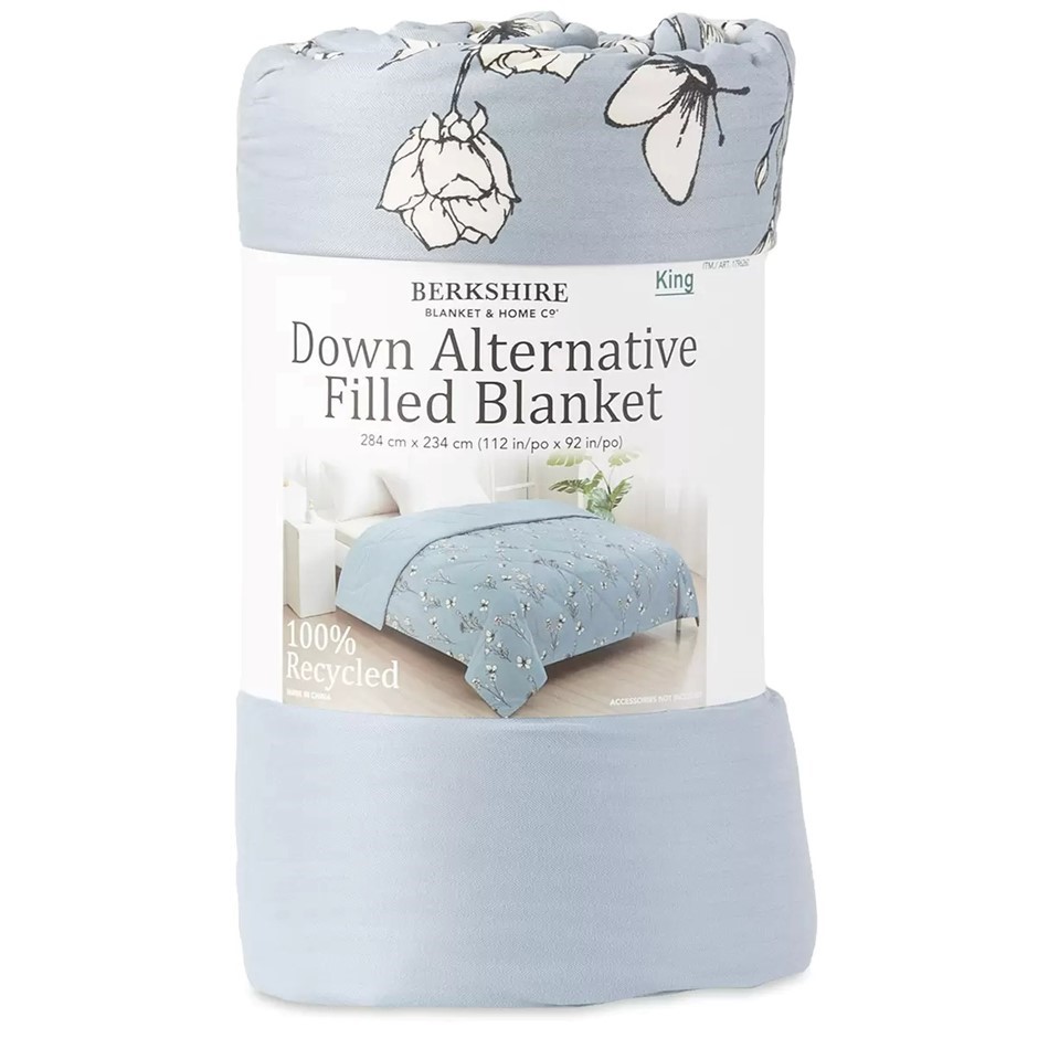 BERKSHIRE Down Alternative Blanket, King, Blue/White Floral.
