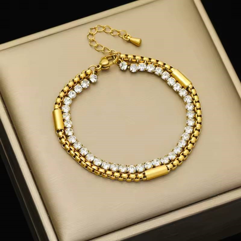 Designer Stainless Steel Double Layered Simulated Diamond Bracelet in Gold