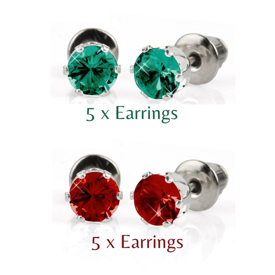 BULK PACK - 10 x 5mm Christmas Earrings (5 x Green, 5 x red)