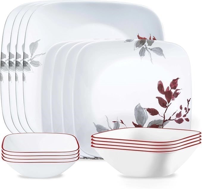 CORELLE Kyoto Leaves Dinnerware 16-Piece Set, White.