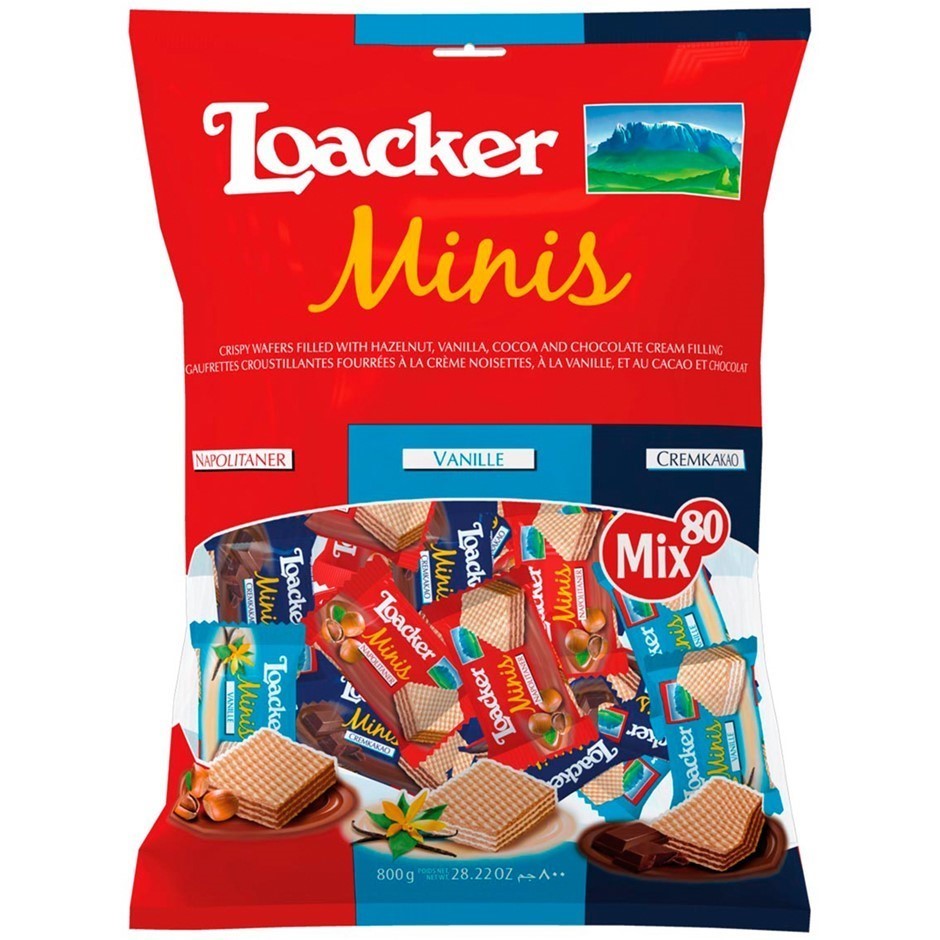 2 x Pack of 80pc LOACKER Mini Crispy Wafers, 800g. N.B: Damaged packaging.
