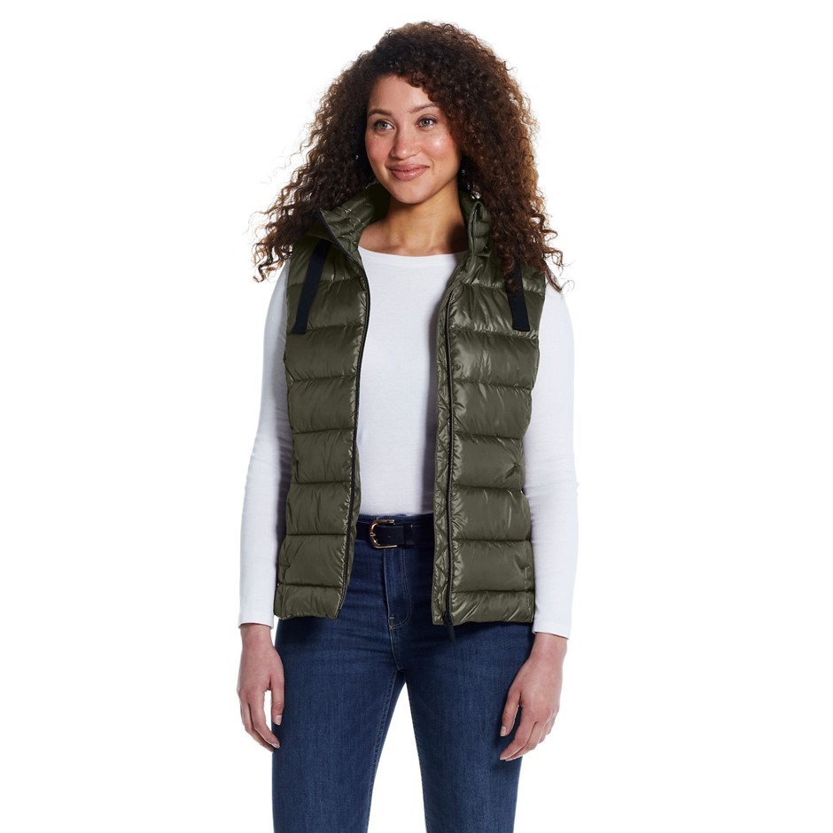 WEATHERPROOF Women's 3/4 Vest w/ Detachable Hood, Size XL, Dusty Olive.