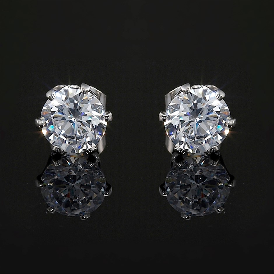 Solid 925 Sterling Silver 6mm Stud Earrings Feat. 2 Crystals by Swarovski