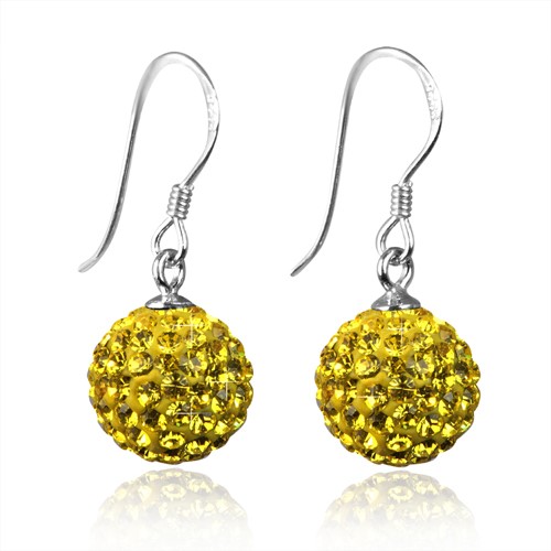 Yellow Crystal Disco Ball Earrings made with solid 925 Sterling Silver