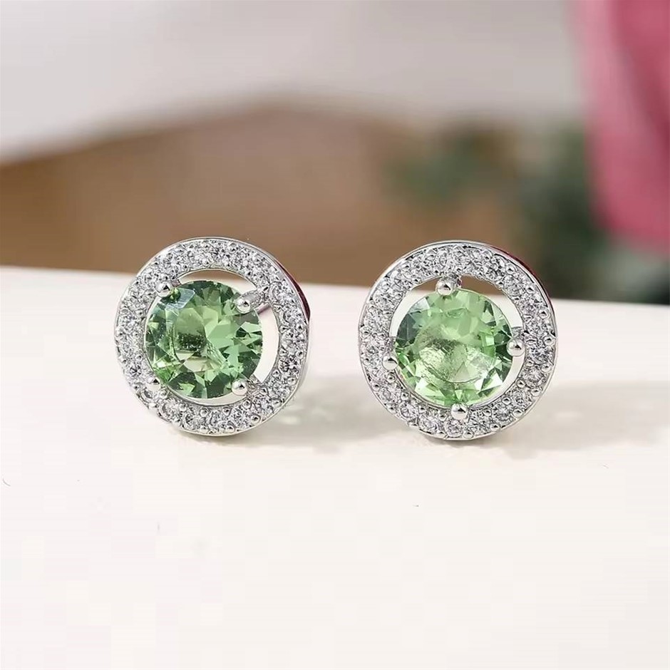 Designer Simulated Diamond Light Green Round Stud Earrings in Silver