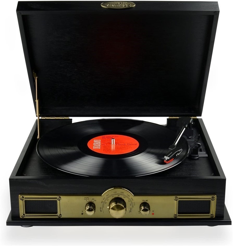 MBEAT Vintage USB Wooden Turntable Vinyl Record Player, SPK/AM/FM & Bluetoo