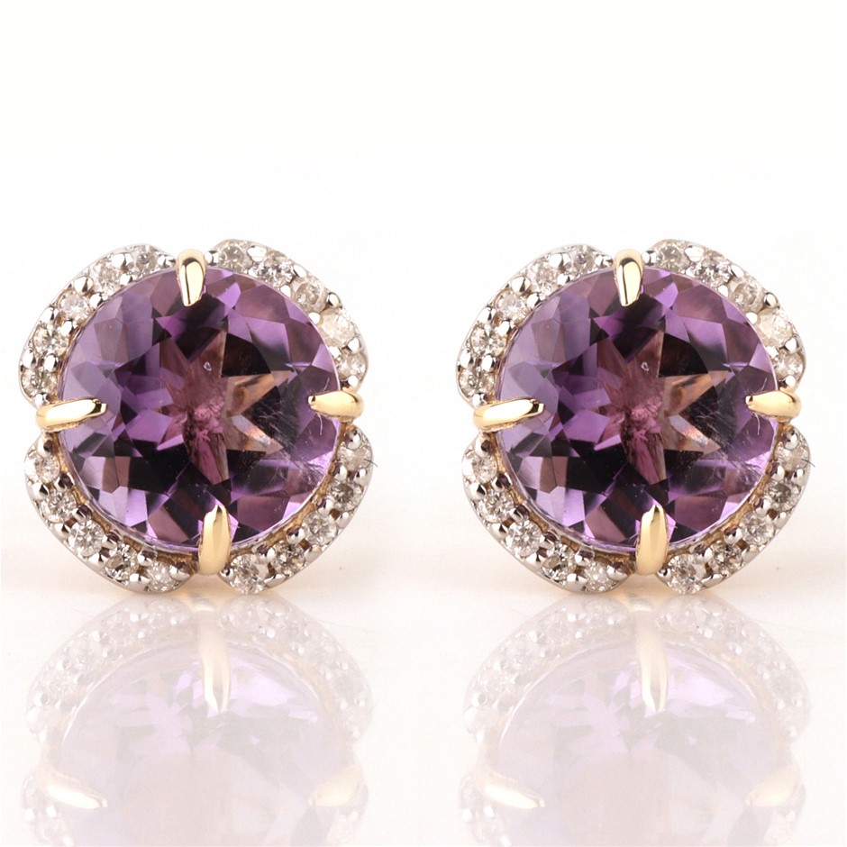 Yellow Gold Natural Amethyst & Diamond Earrings with Valuation