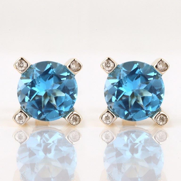 Yellow Gold Natural Swiss Blue Topaz & Diamond Earrings with Valuation