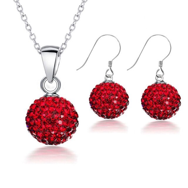 925 Sterling Silver Red Crystal Disco Ball Earring & Necklace Set