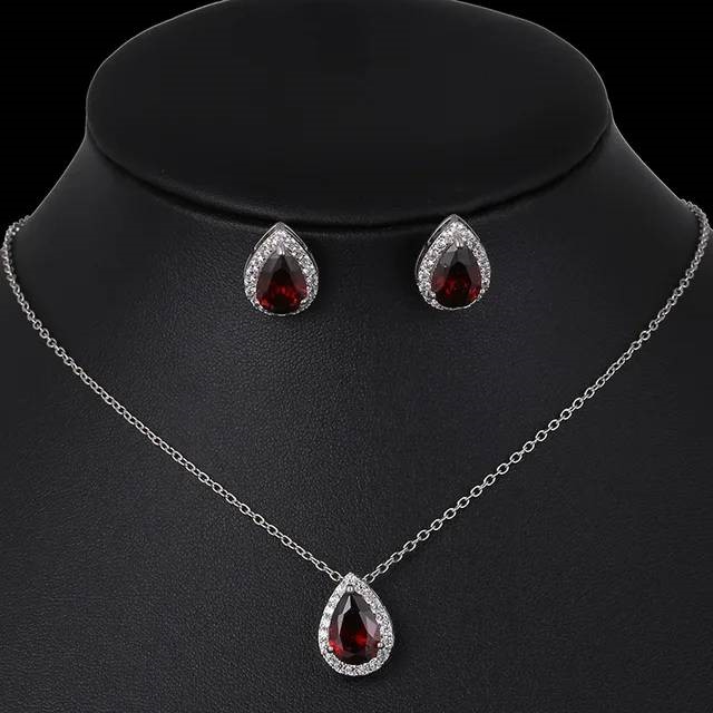 Designer Simulated Diamond Red Pear Shaped Necklace & Earring Set in Silver