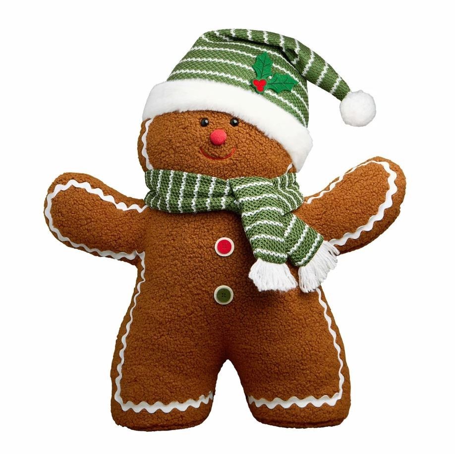 Giant Gingerbread Plush Decor Figure w/ Green Scarf & Hat, 22 Inch.