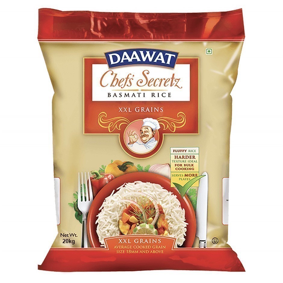 DAAWAT Chef's Secretz Basmati Rice, XXL Grains, 20kg. NB: Damaged bag.