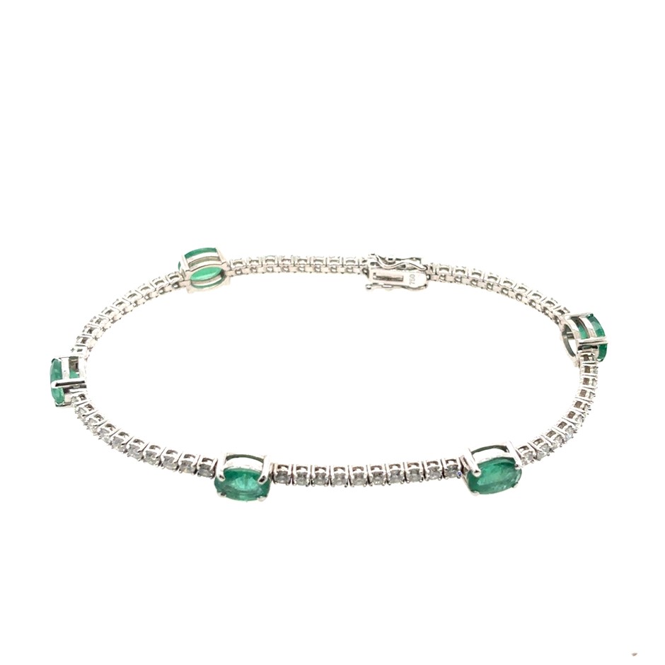 4.38ct Emerald & Dia. G-H/VS-SI Tennis Bracelet 18K White Gold