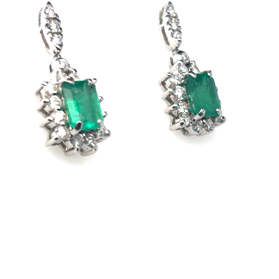 3.12ct Emerald Cut Emerald & 1.55ct Dia.F/VS Earrings 18K White Gold