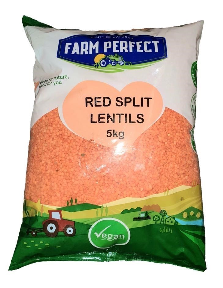 2 x FARM PERFECT Red Split Lentils, 5kg. N.B: Damaged packaging.
