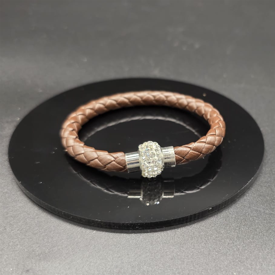 Designer Simulated Diamond Ball Bracelet with Braided Brown Band