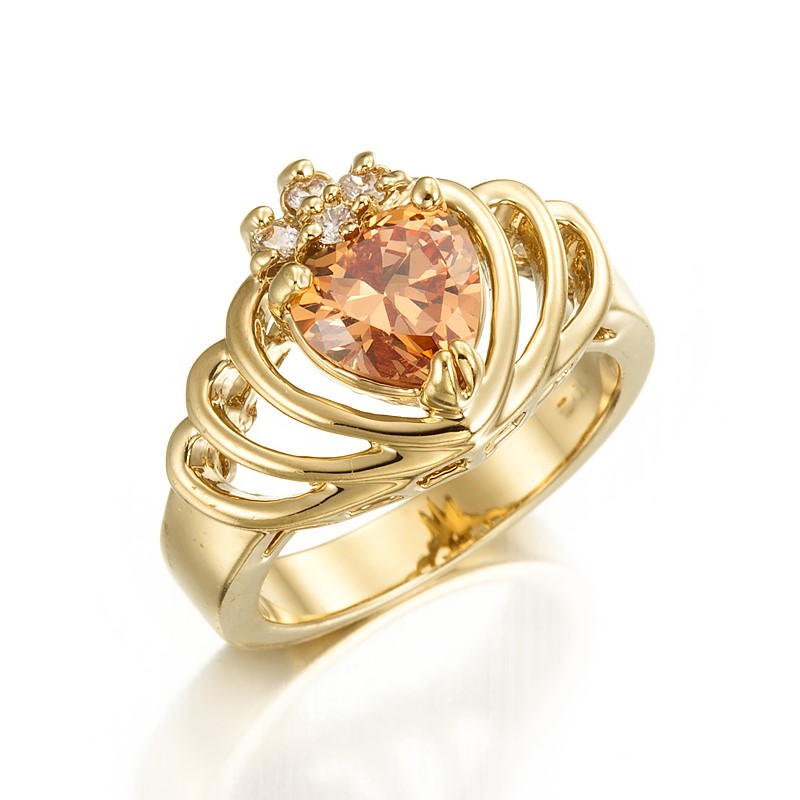 Stunning Yellow Gold Plated Champagne Crown Heart Ring - US Size 6