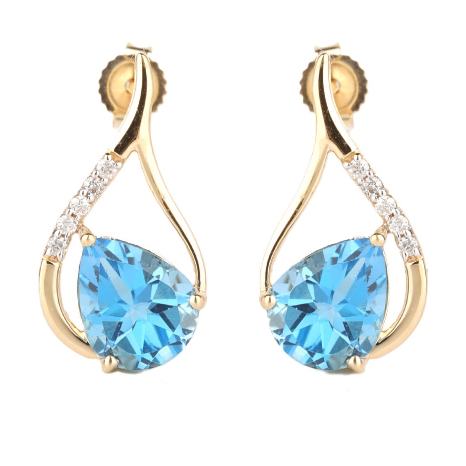 Yellow Gold Natural Swiss Blue Topaz & Diamond Earrings  with Valuation
