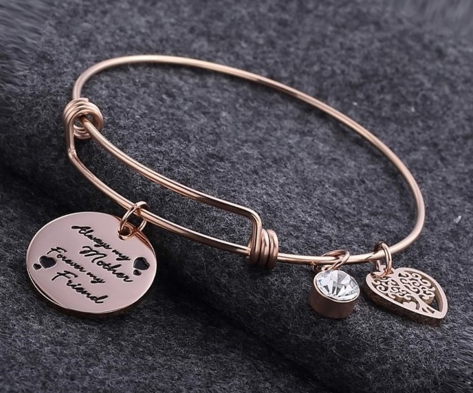 Stainless Steel "Always my Mother" Tree of Life Bangle in Rose