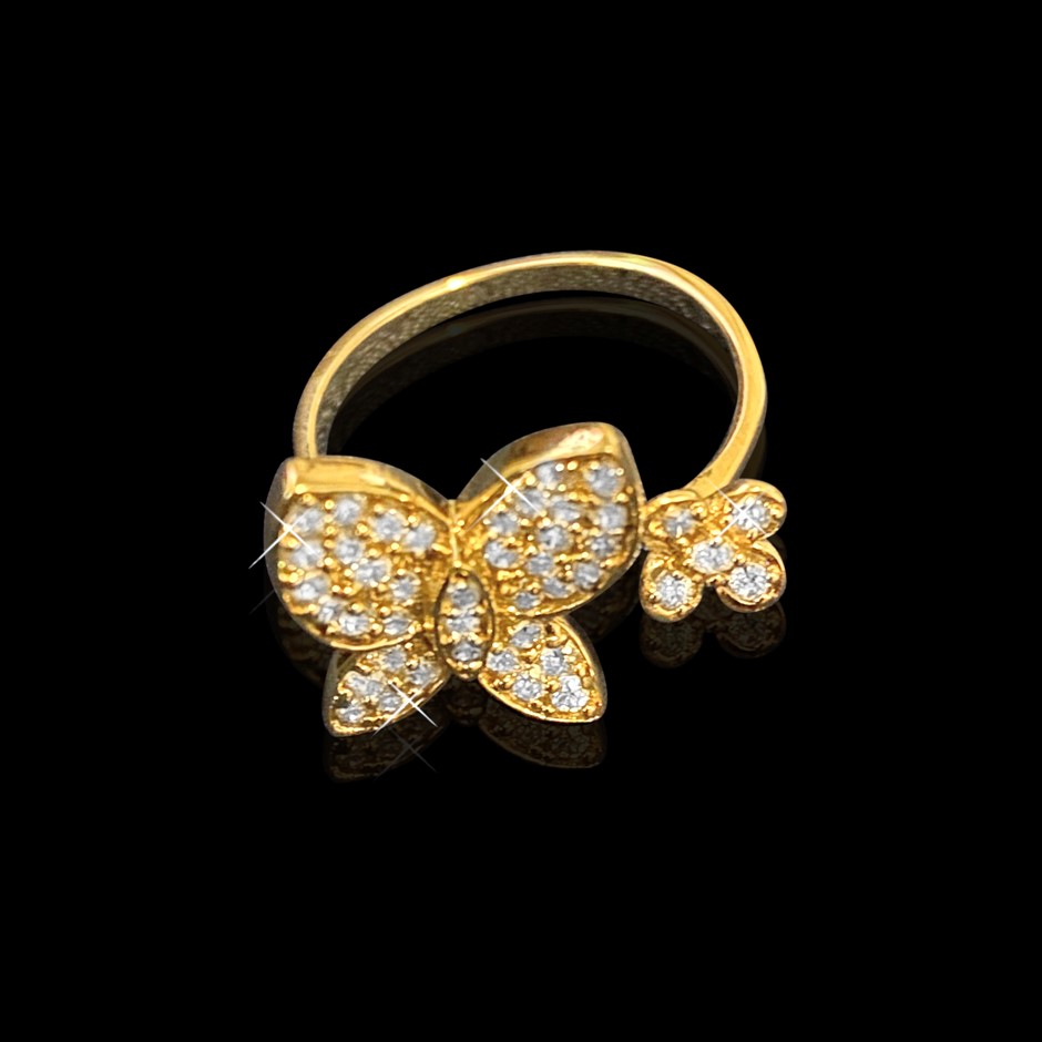 Stunning Yellow Gold Plated Simulated Diamond Butterfly Ring - US Size 7
