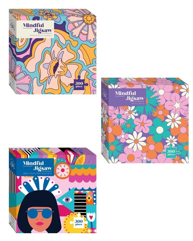 MINDFUL JIGSAW BUNDLE: 300 Piece Puzzle Set - 'Psychedelic Florals, 'Bright