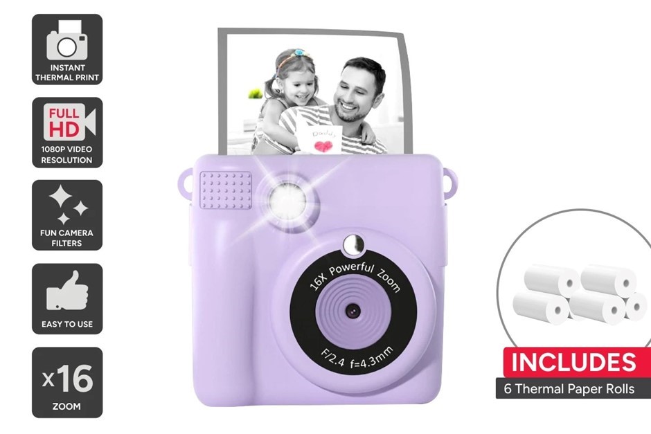 Kogan Kids Digital Instant Print Camera 1080p with 6 Rolls (Purple)