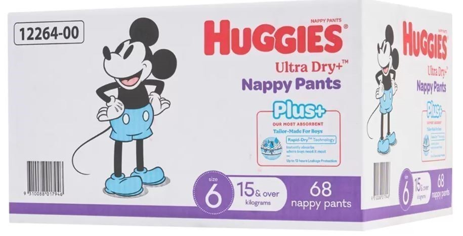 HUGGIES Boys' Ultra Dry Nappy Pants Plus Size 6, 68 Piece. NB: Damaged pack