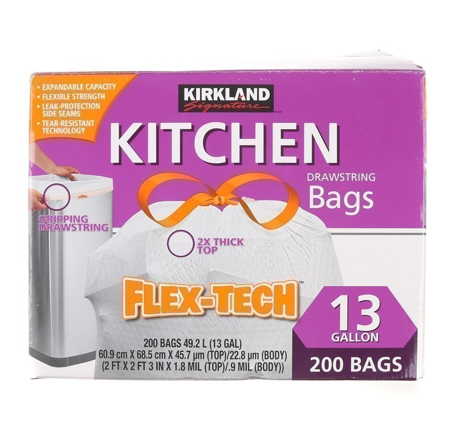 SIGNATURE Kitchen Drawstring Bag Flex-Tech, No-Leak, 13 Gallon, 200 Bags. N