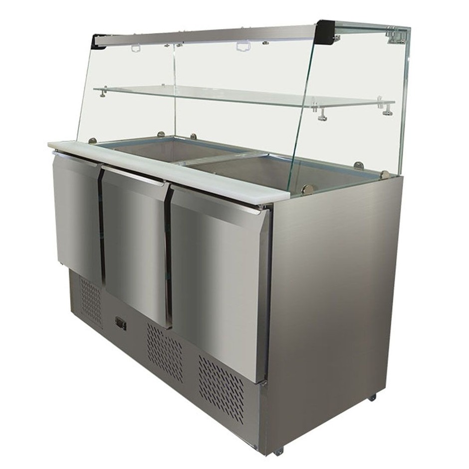 S/S Three Door Salad Bench Fridge With Square Glass Top