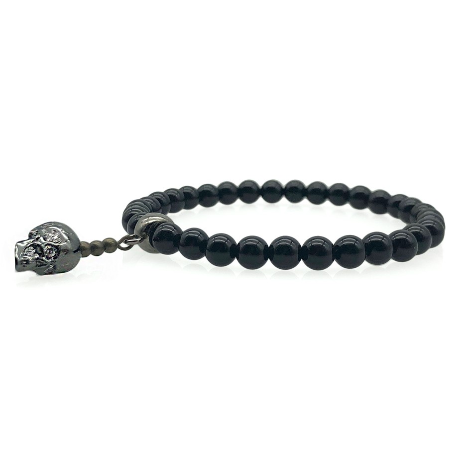 Men's 6mm Black Agate Skull Dangling Charm Beaded Bracelet