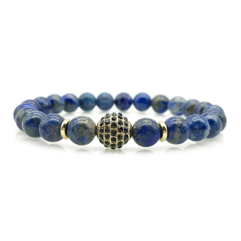 Men's 8mm Lapis Lazuli & Golden Rhinestone Beaded Gemstone Bracelet