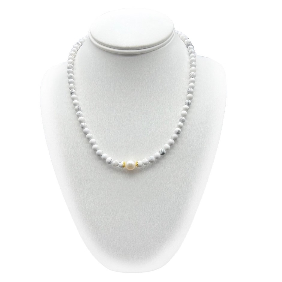 10mm White Pearls with Howlite Gemstone Necklace