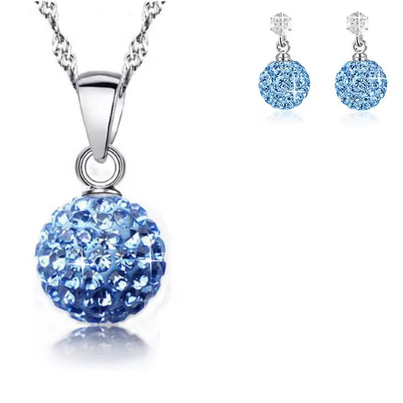 925 Sterling Silver Blue Crystal Disco Ball Earring & Necklace Set