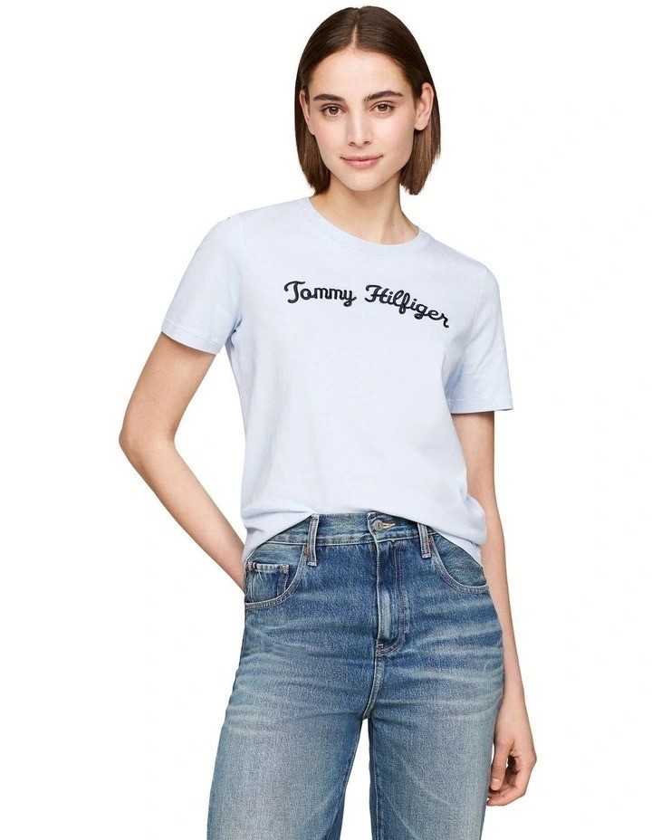 TOMMY HILFIGER Regular Script C-Ink Tee, Size L, Breezy Blue (C10). RRP: $9