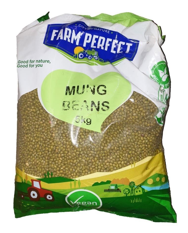 2 x FARM PERFECT Mung Beans, 5kg. N.B: Damaged packaging.