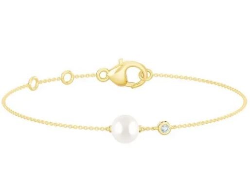 9K YELLOW GOLD 0.03ct FVS LAB DIAMOND FW PEARL BRACELET 17-19cm