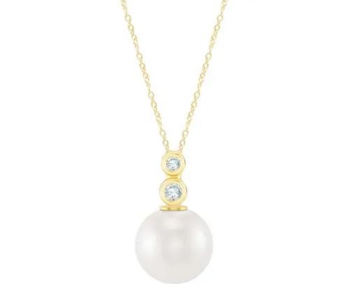9K YELLOW GOLD 0.05ct FVS LAB DIAMOND FW PEARL NECKLACE 40-45cm