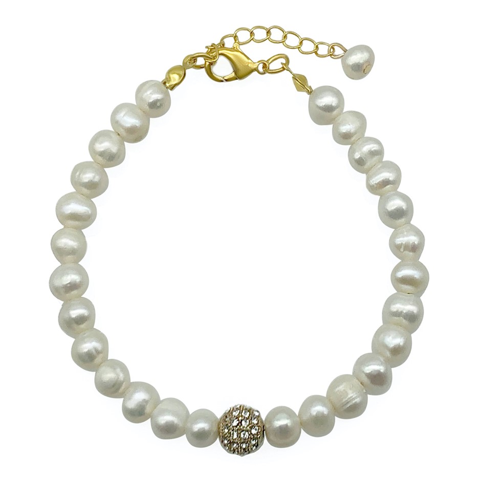 7-8mm White Pearl & Rhinestone Real 18k Gold Plated Bracelet