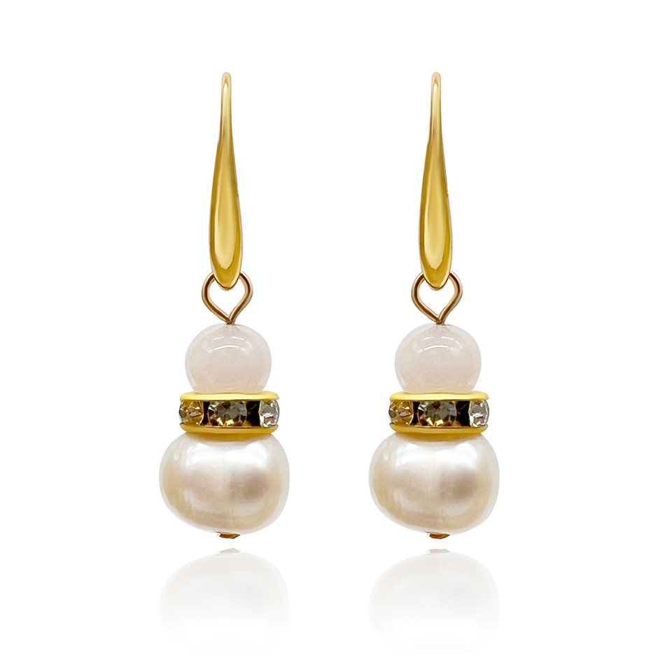 Rose Quartz & Freshwater Pearl Gold Plated Drop Earrings