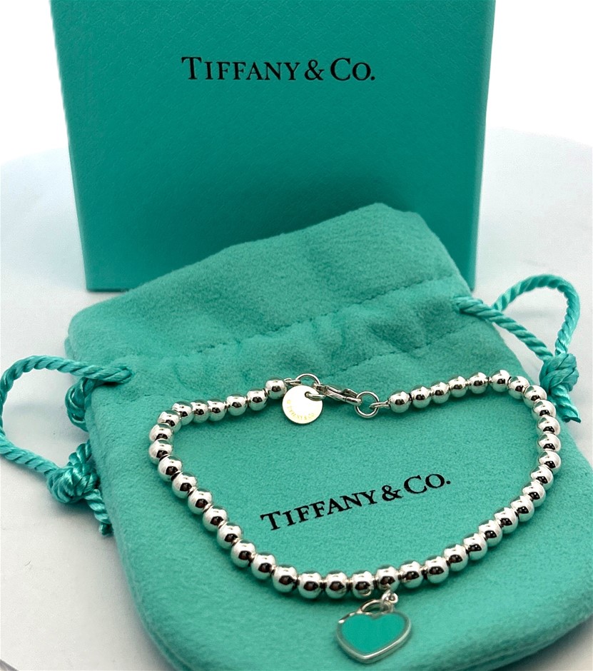 TIFFANY & CO Tiffany Blue Heart Tag Bead Bracelet with Lobster Clasp