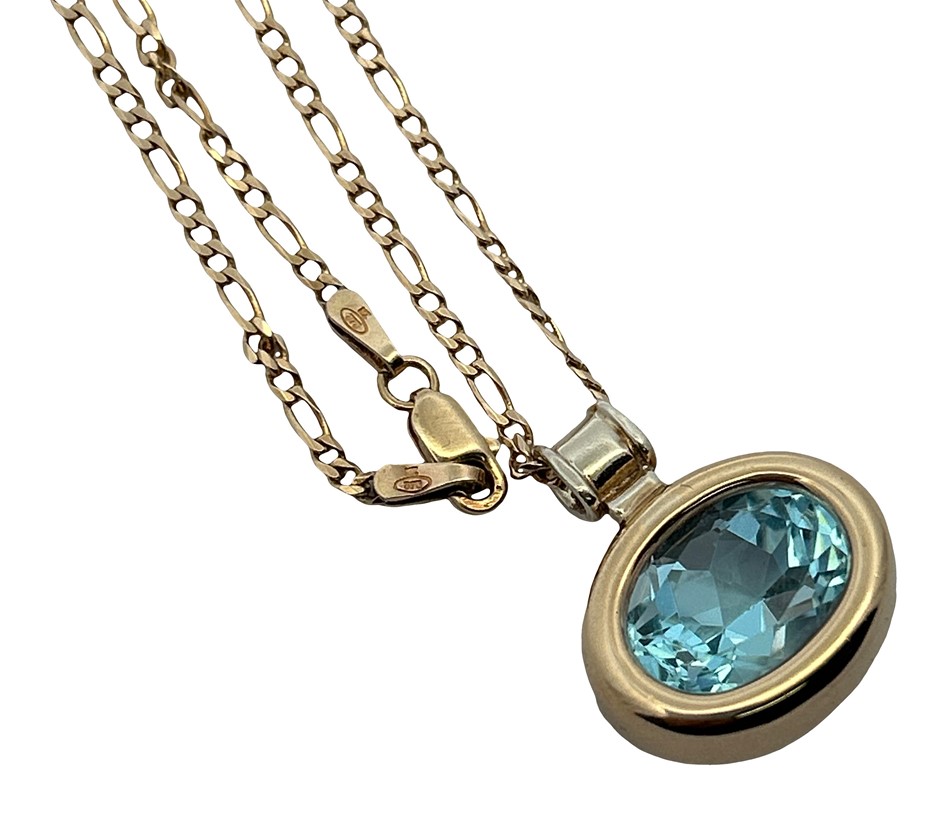 9ct Yellow Gold Blue Topaz Pendant & Necklace