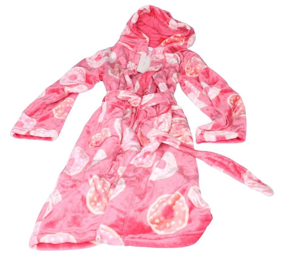TILII Plush Robe, Size 16, Bright Pink/Donuts. NB: tear along seam on lower