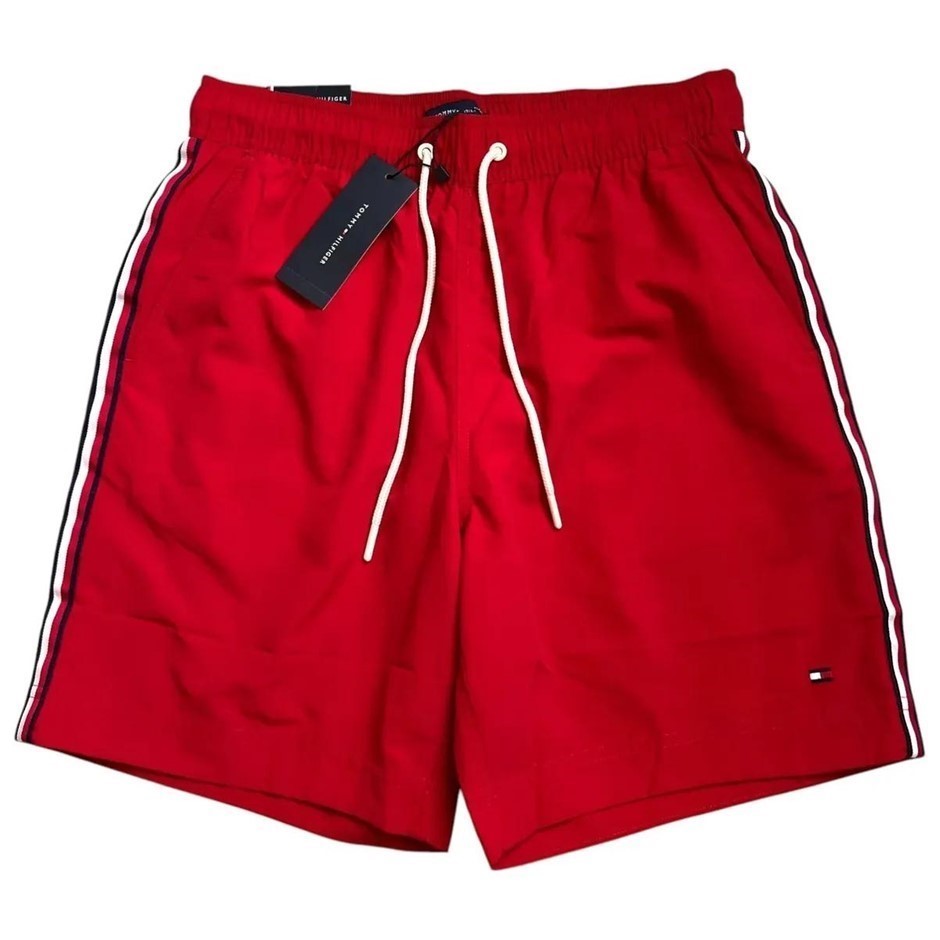 TOMMY HILFIGER Men's 7" Swim Trunks, Size XL, 100% Nylon, Primary Red (XLG)