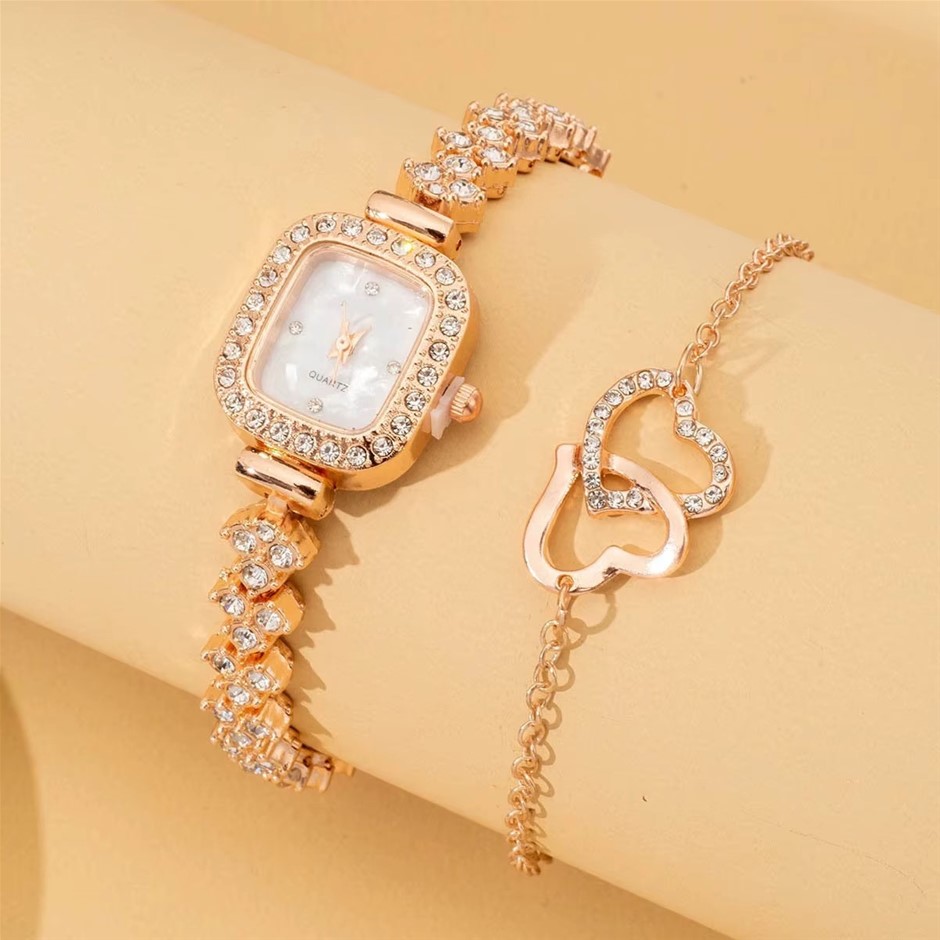 2PCS Rose Gold Watch &amp; Heart Bracelet Set
